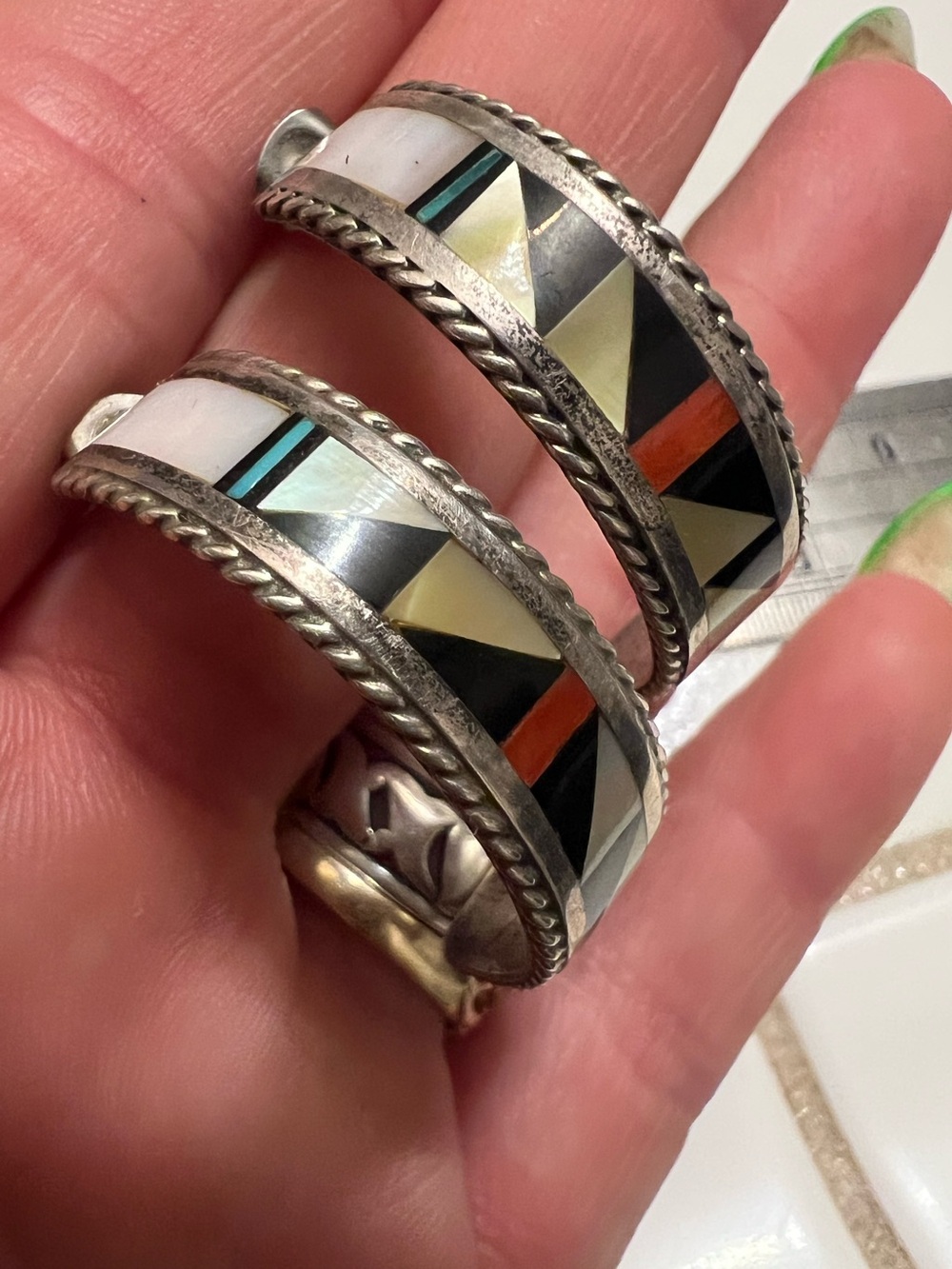 Vintage sterling silver Scratch Signed Native Inlay Post Back Half hoop Earrings